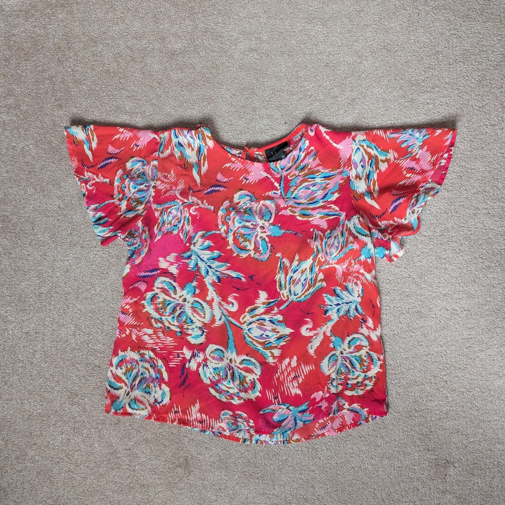 Vibrant Red Floral Blouse with Ruffled Sleeves